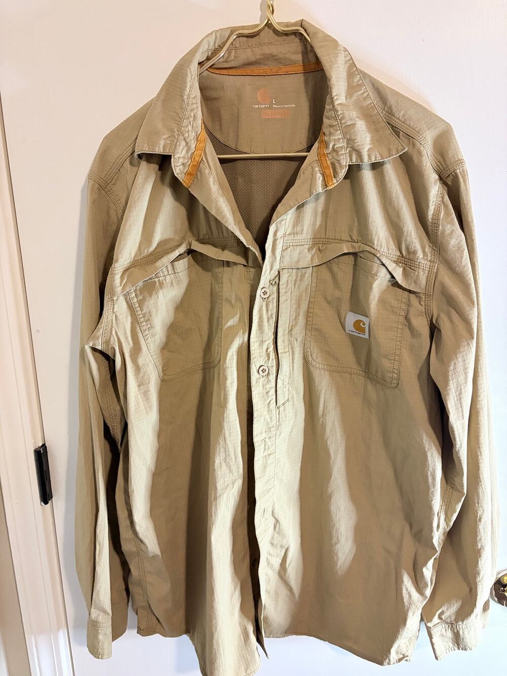 Carhartt Force Long Sleeve Button Up Shirt Mens L Tan Breathable Vented Work